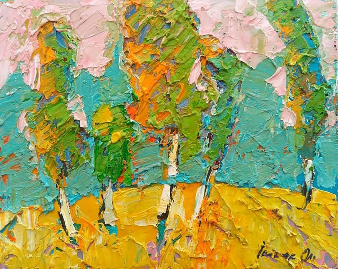 Oil painting Among the birches Kalenyuk Alex: №379AAA *** ABOUT THIS PAINTING *** * TITLE: "Among the birches" * ARTISTS: Kalenyuk Alex * SIZE: 20x25 cm/'7.87x9.84 inches' * MEDIUM: oil, canvas * HAND PAINTED: Original painting from our col