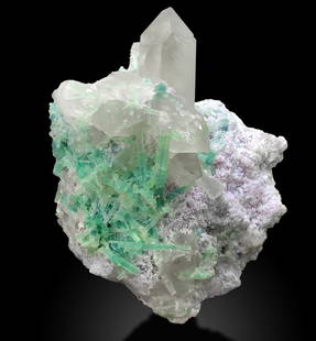 Radiant Paraiba Tourmaline Cluster on Quartz with Lepidolite: A Stunning Trio of Gemstones: Condition: Natural Treatment: None Name: Tourmaline, Quartz, Lepidolite Weight: 1270 Grams Size: 145x120x70 Millimeter Shape: Specimen Reserve: $2,450.00 Shipping: Domestic: Free shipping to