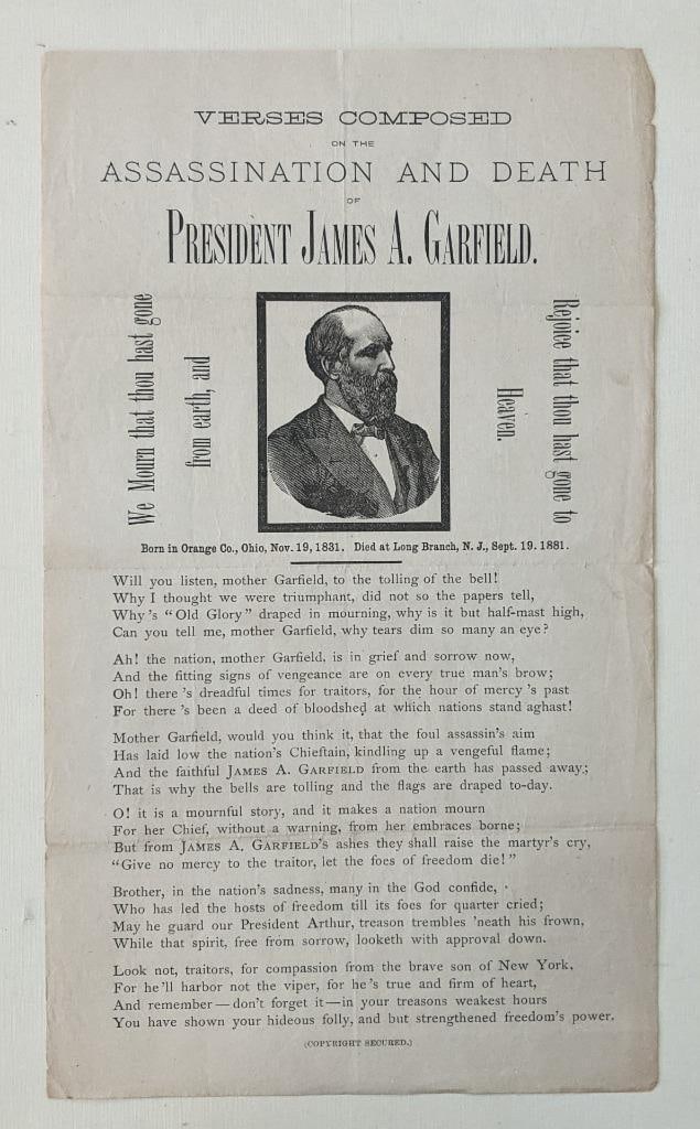 1881 Poetic Memorial Printed Paper Assassinated U. S. President James A