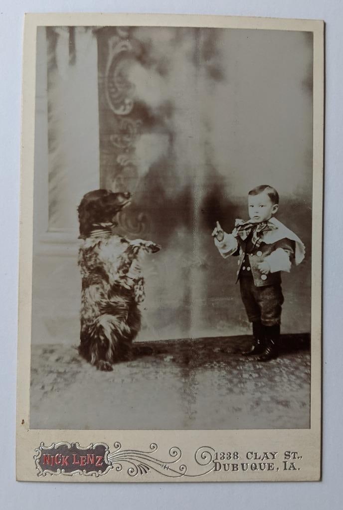 ca. 1890 ANTIQUE CABINET CARD CIRCUS SIDESHOW DOG TRICK PHOTO w CHILD PERFORMER (1 of 2)