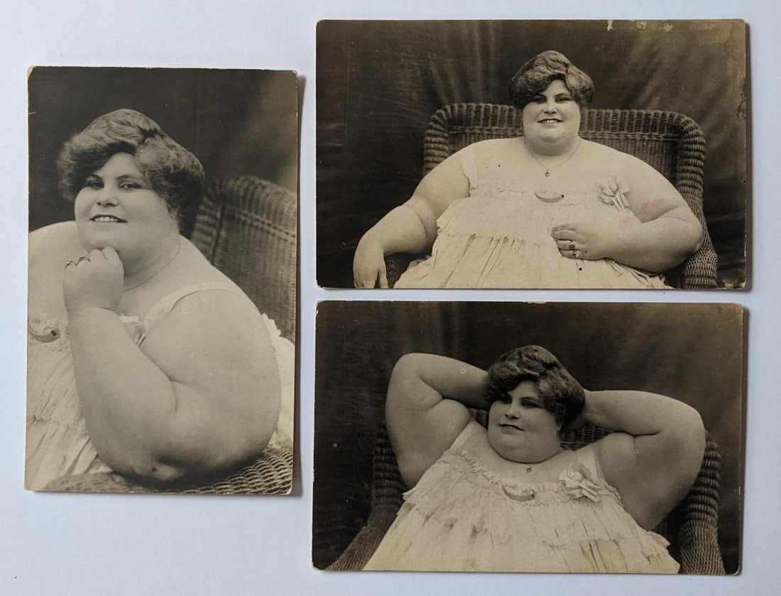 LOT of 3, CIRCUS SIDESHOW REAL PHOTO POSTCARD freak FAT LADY DOLLY DIMPLES rppc (1 of 2)