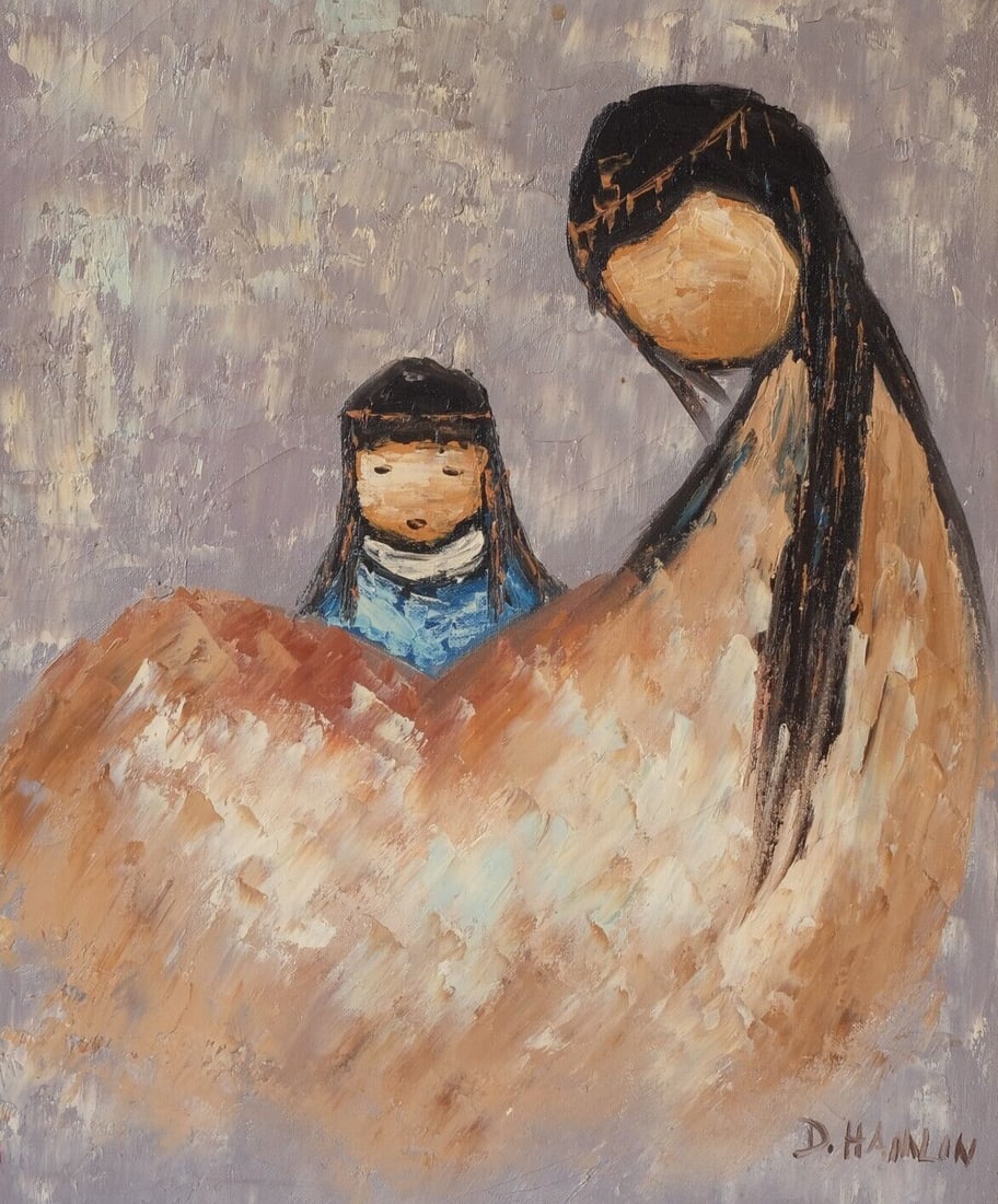 Vintage Original Painting signed Asian Mother and Daughter (1 of 4)