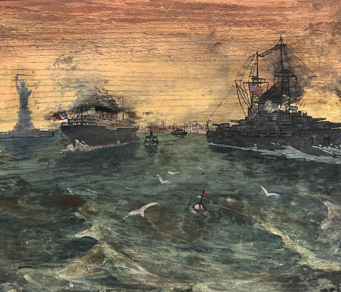 Modern Original Painting New-York 1939, Boats and Statue of Liberty: Oil on wood 28 x 23.5 cm signed, 1939 stains Reserve: $200.00 Shipping: Domestic: Flat-rate of $45.00 to anywhere within the contiguous U.S. International: Foreign shipping rates are determined by des