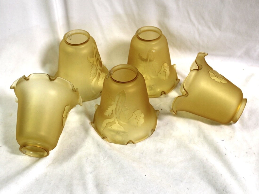 Art Glass Shades ,Vianne,Amber 5: These are the French Vianne shades in Amber color with an Acid cut decoration Of Flower . Found in storage from our Lighting Company . Size is at 5" ht and 5" Dia . All with 2 1/4" fitters . Selling n