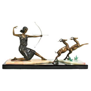 Art Deco /Modern Bronze Sculpture Dianna: Large sculpture in bronze, contemporary of Dianna the Huntress. Multi-colored patina finish mounted on deluxe Onyx and Black marble. Depicting Dianna the huntress hunting with two gazelles jumping.