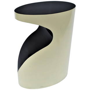 Side Table, Midcentury Designed, Special Shape, Painted Two-Tone, Rolled Steel: A very special shade of side table, custom made and designed by a well known Artist ! Made of rolled steel and hand cut out and welded. Has 4 pad feet adjustable. Very difficult to do. They were