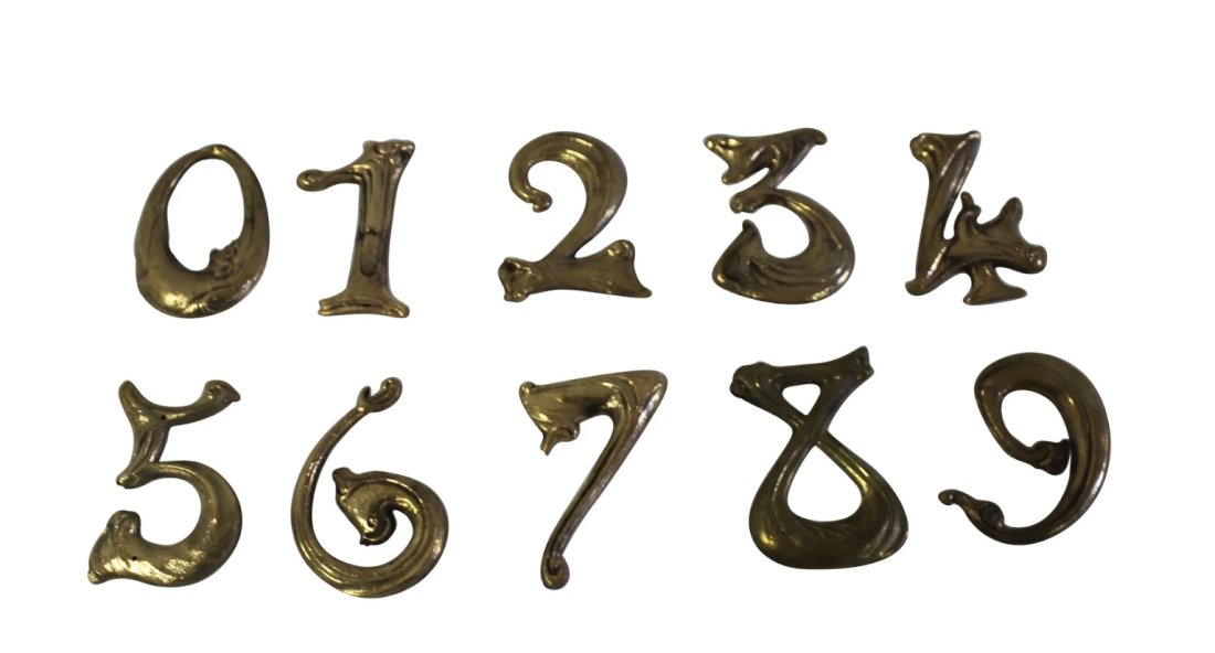 Art Nouveau House Numbers Bronze Made after Hector Guimard Designs: Art Nouveau bronze numbers cast in bronze from the design of Hector Guimard from France. They are priced ( Each ) We have many of them . Let us know which one's you are interested in . Very rare to fi
