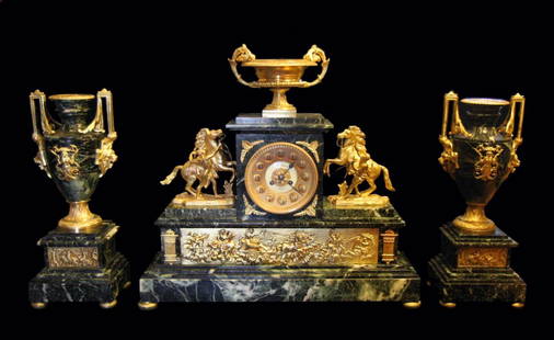 J. CHARPENTIER FRENCH GOLD PLATED BRONZE &SEA GREEN MARBLE MANTEL CLOCK SET 1908: Title: J. CHARPENTIER FRENCH GOLD PLATED BRONZE &SEA GREEN MARBLE MANTEL CLOCK SET 1908 Date/Period: 20th Century Origin: France Maker/Designer: J. Charpentier Silver Purity: Size: Hallmarks: Descript