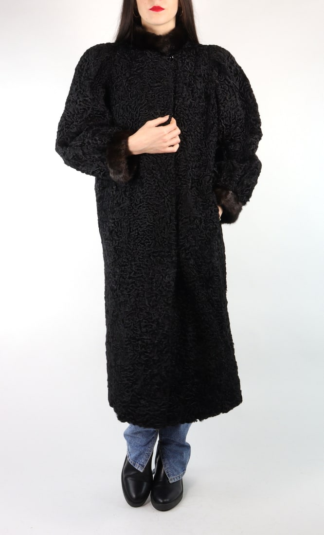 BLACK KARABUL FUR COAT & MINK COLLAR EU:XL US:20 (1 of 10)