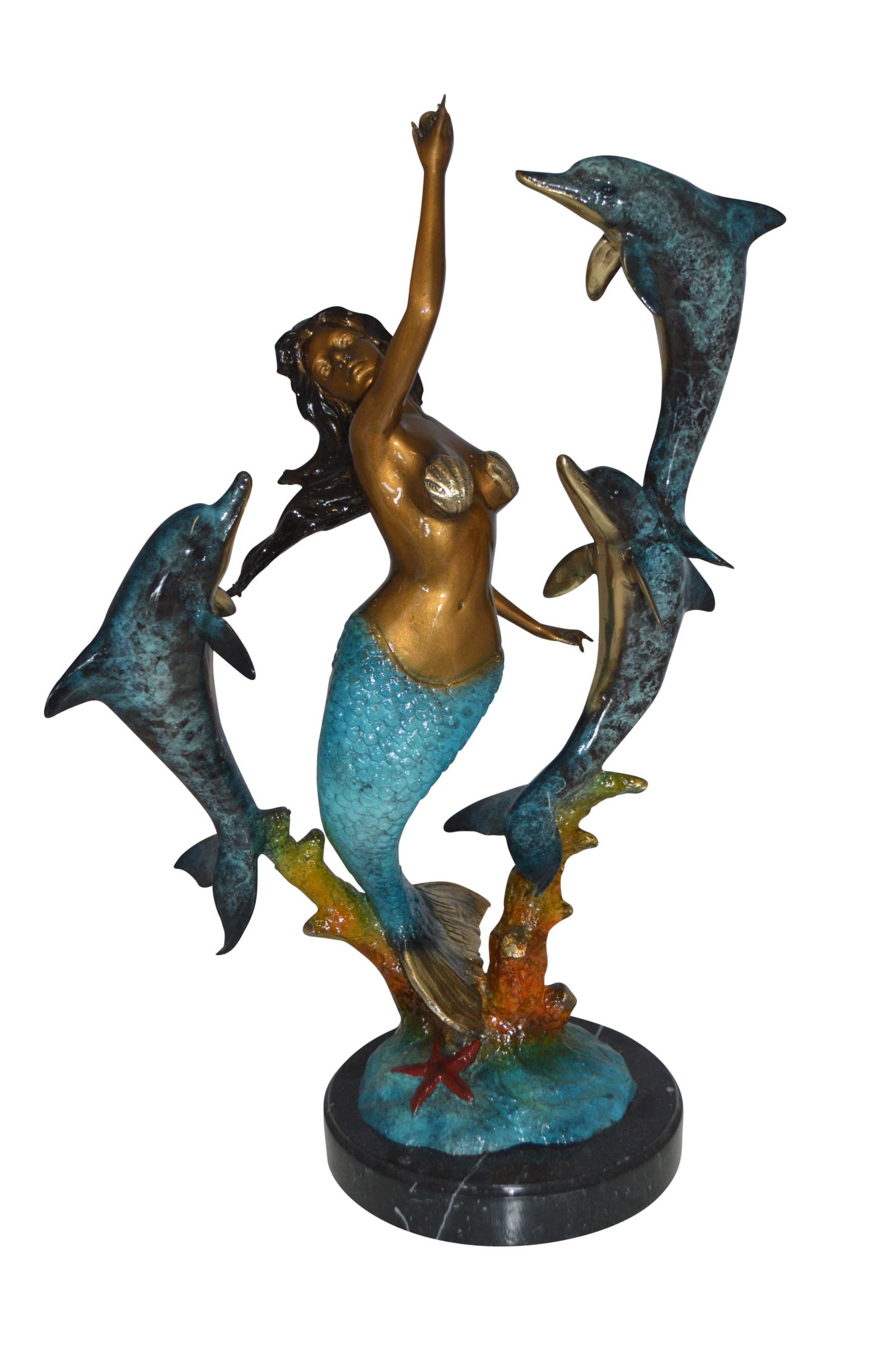 Mermaid With Three Dolphins Bronze Statue – Size: 15″L x 8″W x 25″H. (1 of 12)