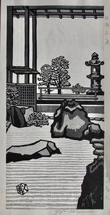 Gijin Okuyama: Stone Garden at Ginkakuji: Artist: Gijin OKUYAMA (b. 1934) Subject: Zen Rock Garden Publisher: Self Signature: Gijin Okuyama in pencil Date: c. 1960 Format: 24.6 x 48.6 cm Condition: Fine impression and condition Reserve: $180.