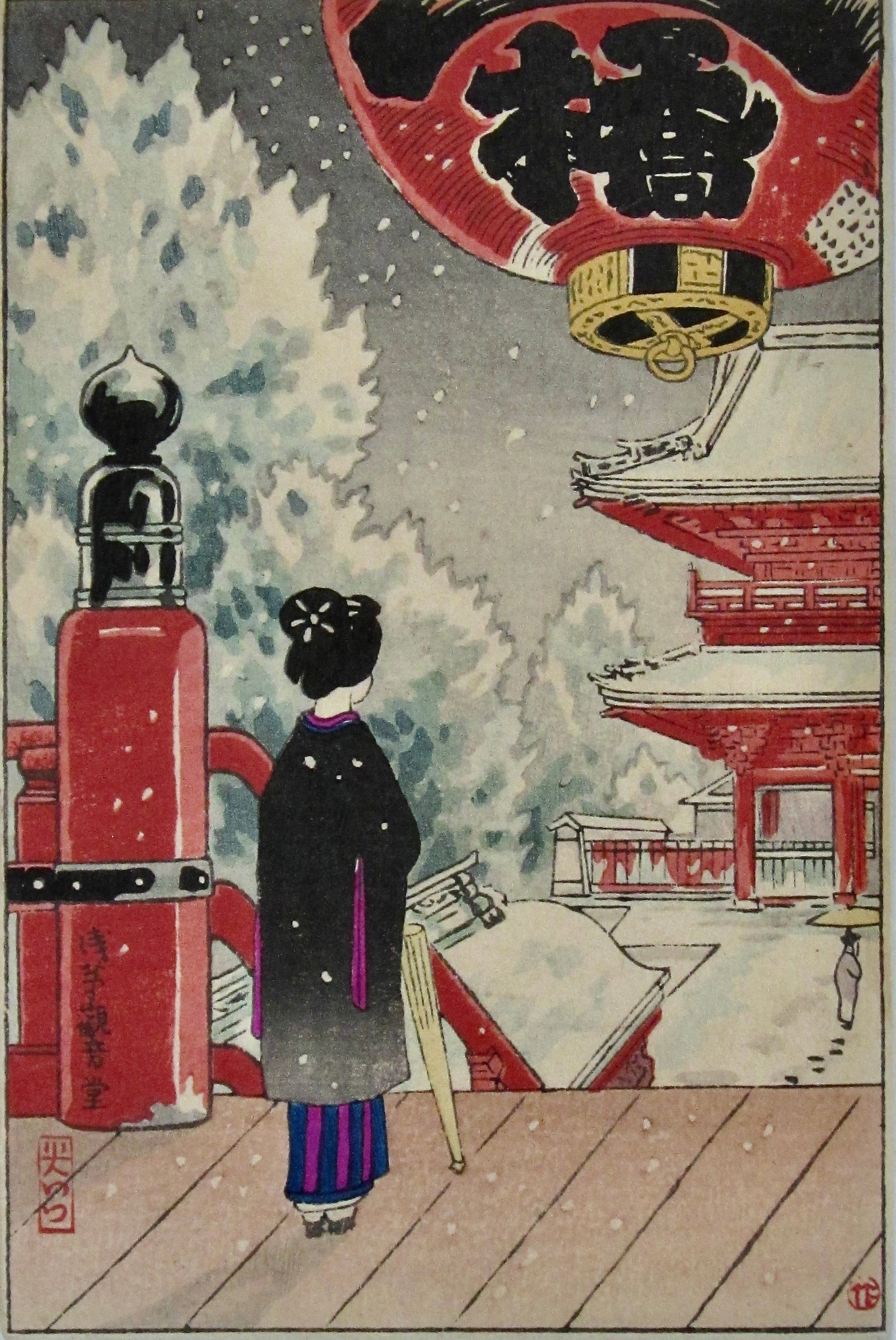 Koitsu: Asakusa Kannon-dô Temple: Artist: Tsuchiya KOITSU (1870-1949) Subject: Asakusa Kannon-dô Temple Publisher: Takemura Seal: Koitsu Date: 1930s Format: 9.3 x 14 cm Condition: Fine impression, color and condition Reserve: $14