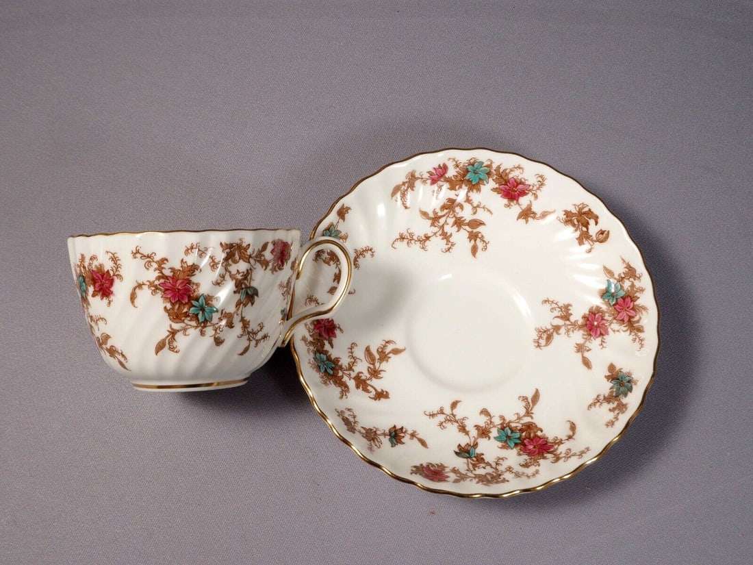 MINTON ANCESTRAL Coffee Tea cup Saucer Set Newer S376: This is one gorgeous set of one Tea/Coffee cup and saucer, from the famous ANCESTRAL collection by Minton - Made in England. The pattern is with swirling shape, brown leaves and flowers, raised pink a