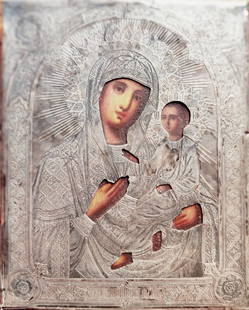ANTIQUE 19C HAND PAINTED 84 SILVER RUSSIAN ICON OF TIKHVINSKAYA MOTHER OF GOD: ANTIQUE ORTHODOX 19c RUSSIAN ICON OF THE TIKHVINSKAYA MOTHER OF GOD. VERY GOOD CONDITION AS SEEN ON PICTURES. SIZE H ; 18 x 15 cm. Reserve: $795.00 Shipping: Domestic: Flat-rate of $25.00 to anywhe