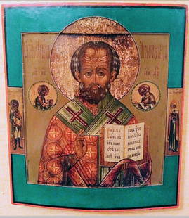 ANTIQUE 19C RUSSIAN HAND PAINTED ICON OF ST.NICHOLAS KOVCHEG: ANTIQUE 19C RUSSIAN ICON OF ST.NICOLAS . ICON IS IN VERY GOOD ANTIQUE CONDITION. HAND PAINTED WITH EGG TEMPERA AND GESSO,GOLD LEAF ON WOOD PANEL. SIZE : H 14 ",W 12 INCHES (35,5 x 30,5 cm). Reserve: $