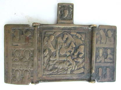 RUSSIAN TRAVELER'S ICON TRIPTYCH of NATIVITY of CHRIST w/ SAINTS BRONZE ANTIQUE: RUSSIAN TRAVELER'S ICON TRIPTYCH 18th-19th century Size in open condition 2 3/4 by 4" Wear Reserve: $196.00 Shipping: Domestic: Flat-rate of $25.00 to anywhere within the contiguous U.S. Internationa