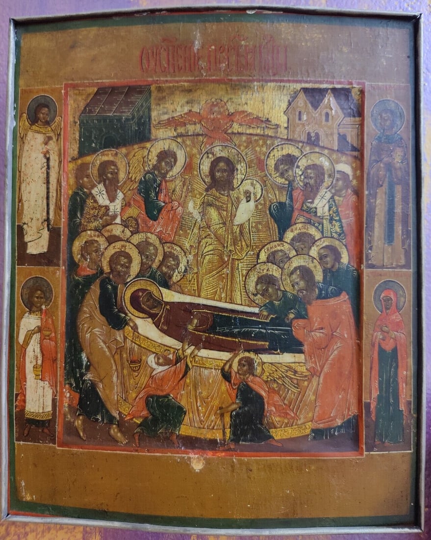 ANTIQUE 18c HAND PAINTED 84 SILVER FRAME RUSSIAN ICON "DORMITION MOTHER OF GOD": STUNNING RUSSIAN ANTIQUE 18c ICON OF THE DORMITION OF THE MOTHER OF GOD WITH 84 SILVER FRAME SIZE ;H : 12 x 10 1/2 INCHES(31x 26,5 cm). Reserve: $3,495.00 Shipping: Domestic: Flat-rate of $40.00 to an