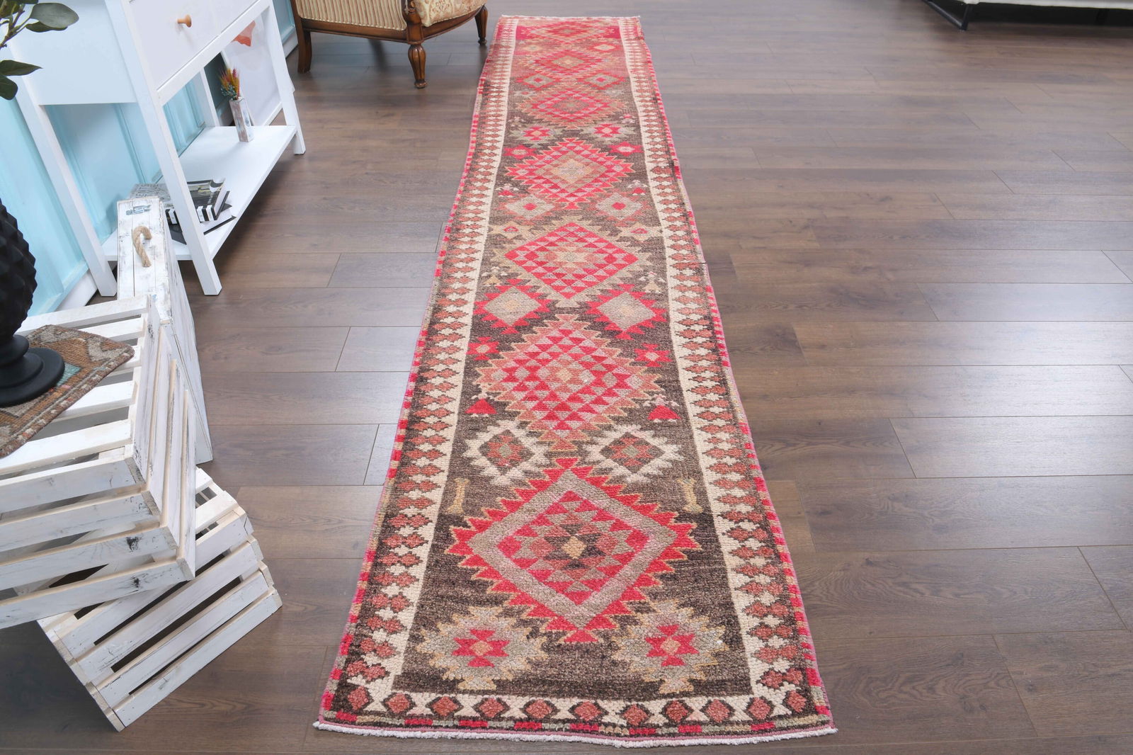 3x13 ft. LONG RUNNER, Turkish Rug, Rustic, Kitchen Runner, Antique Runner , Pink Brown (1 of 9)
