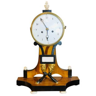 Biedermeier Mantle Clock with Ebonized Details and Hoof Legs Silk Suspension: Title: Biedermeier Mantle Clock with Ebonized Details and Hoof Legs Silk SuspensionDescription: Fine Biedermeier clock with ebonized details and unusual hoof legs with silk suspension. Is in working