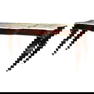 French Mahogany And Parcel Gilt Onyx Marble Top Console Table by Maison Jansen: Title: French Mahogany And Parcel Gilt Onyx Marble Top Console Table by Maison Jansen Description: A grand French mahogany and parcel-gilt console table, circa 1940s, the shaped onyx marble atop a ser