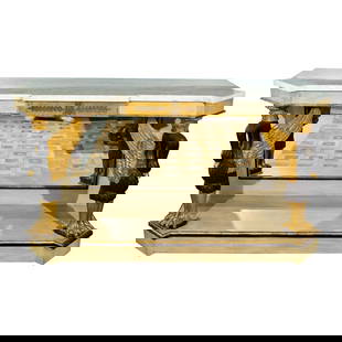 French Marble Top Console with Gilt Carved Swans Mirrored Back manner of Jansen: Title: French Marble Top Console with Gilt Carved Swans Mirrored Back manner of Jansen Description: Fabulous Hollywood Regency Style French marble top console with gilded enhanced carved swans. The fi
