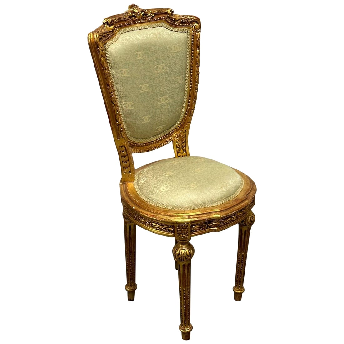 Louis XVI Style Giltwood Hand Carved Side / Accent Chair, Chanel Fabric, 19th C. (1 of 12)