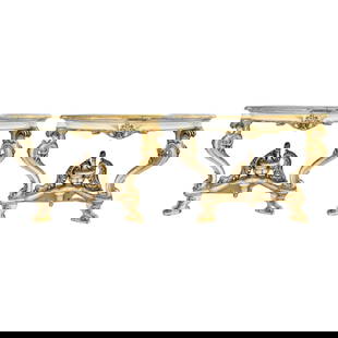 Pair of Italian Parcel Paint and Gilt Decorated Faux Marble-Top Console Tables: Title: Pair of Italian Parcel Paint and Gilt Decorated Faux Marble-Top Console Tables Description: A pair of Italian parcel wonderfully paint and gilt decorated demilune faux marble-top console or sof