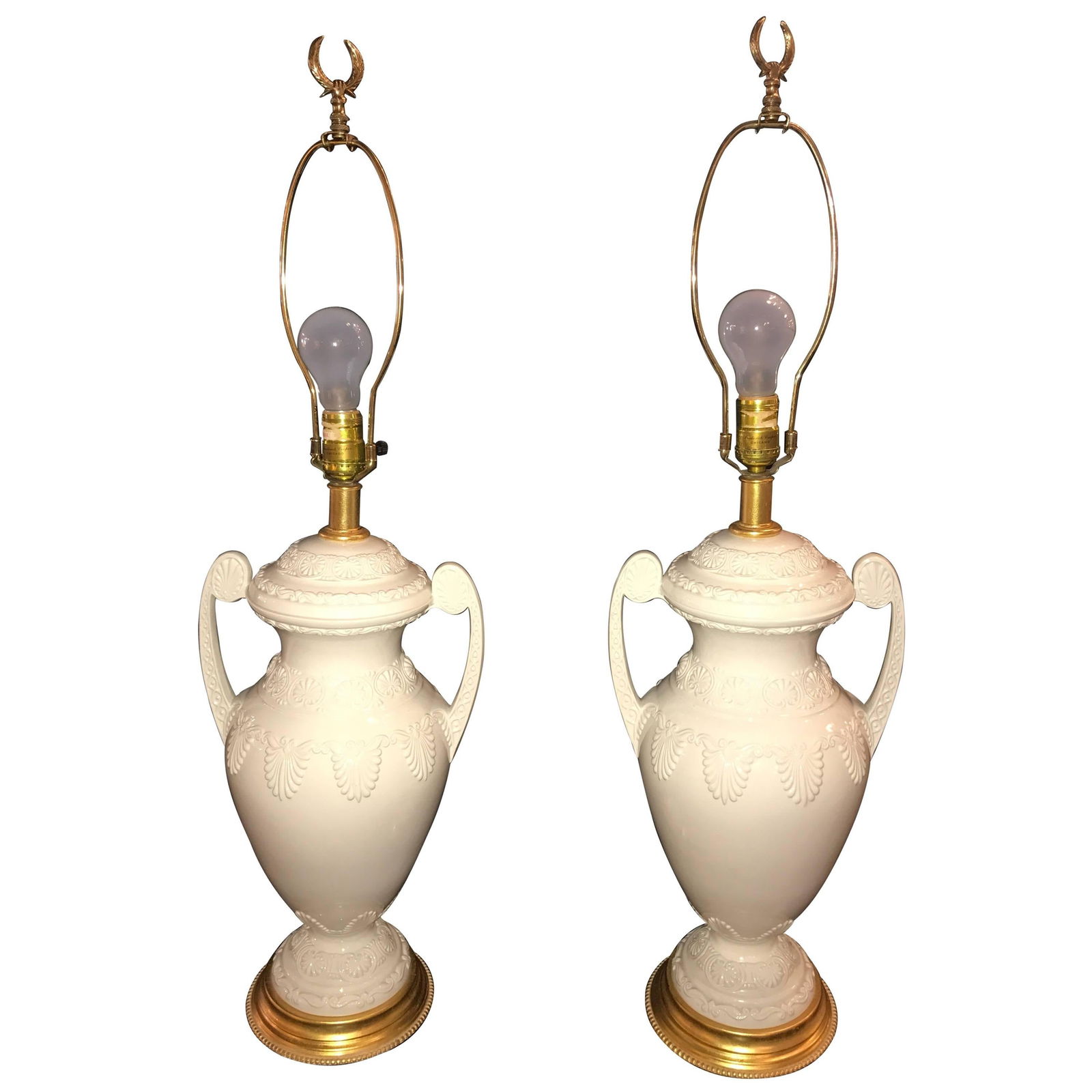 Pair of Lenox Neoclassical Style Table Lamps by Frederick Cooper: Title: Pair of Lenox Neoclassical Style Table Lamps by Frederick Cooper Description: A pair of Lenox neoclassical style table lamps. In an off-white porcelain with custom shades on giltwood bases. Det