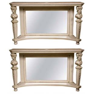 Pair of Swedish Marble-Top Painted Pier Console Tables, Figural: Title: Pair of Swedish Marble-Top Painted Pier Console Tables, Figural Description: Each distress painted off-white, the oblong marble insert on top, supported on a mirrorred backsplat and two front c