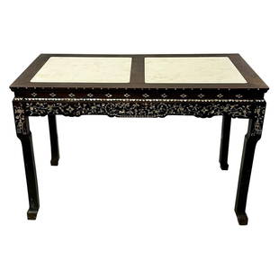 Syrian Console / Alter Table Rosewood and Mother of Pearl Inlay with Marble Top: Title: Syrian Console / Alter Table Rosewood and Mother of Pearl Inlay with Marble Top Description: Syrian Rosewood and Mother of Pearl Inlay Console Table with Marble Top The fine table top having a