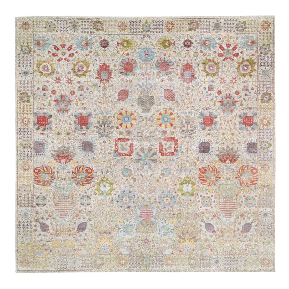 Colorful, Silk With Textured Wool Hand Knotted, Tabriz Vase Square Rug (1 of 11)