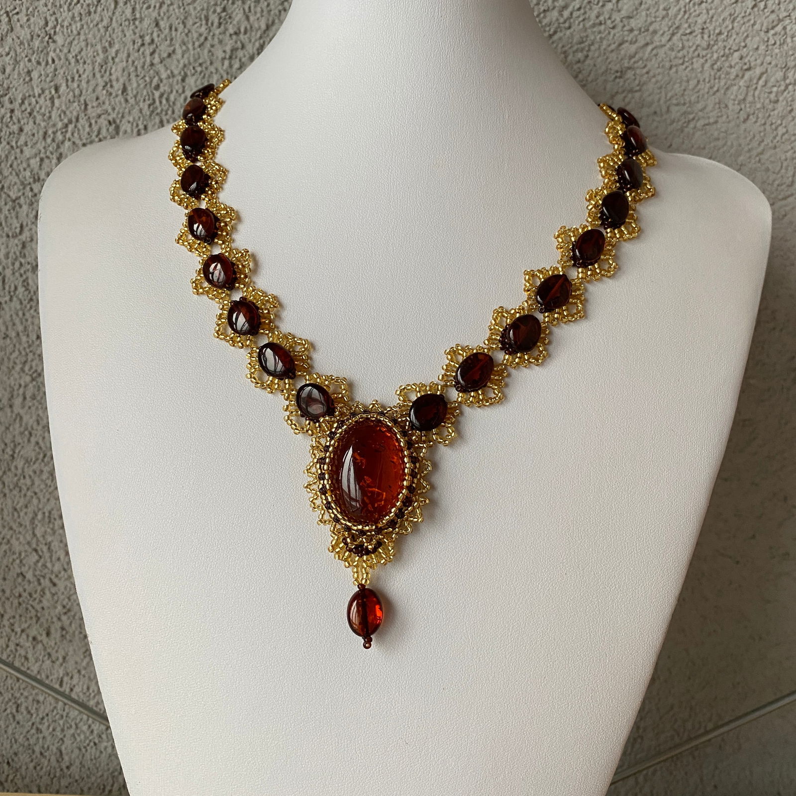Staggering Vintage Amber Floral Necklace made from leaf like bead ornaments (1 of 8)