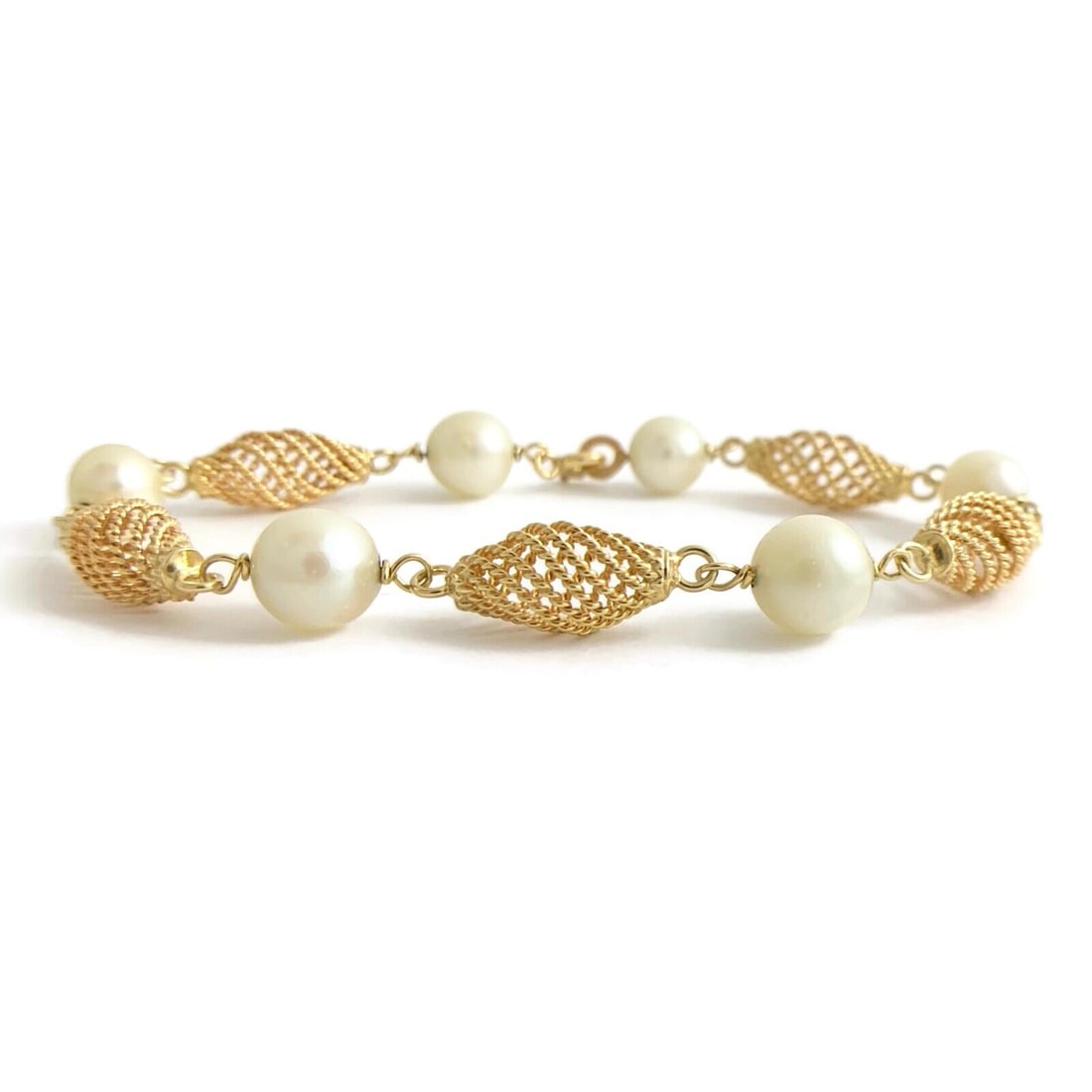 Vintage 1960's White Pearl Spiral Link Bracelet 18K Yellow Gold, 12.75 Gr (1 of 6)