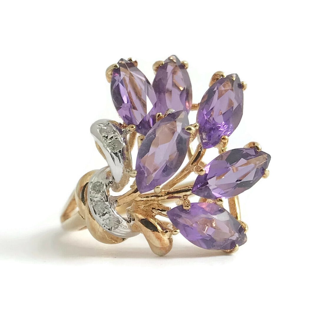 Vintage Purple Amethyst Diamond Cocktail Ring 14K Yellow Gold, 2.91 CTW, 4.21 Gr (1 of 12)
