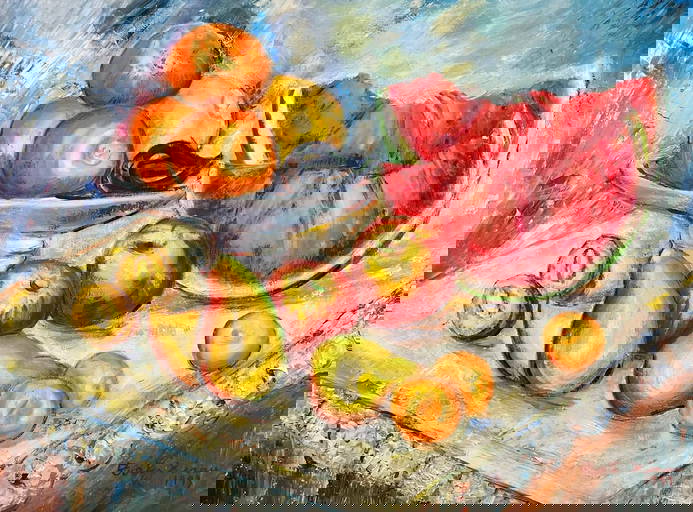 Watermelons & Fruit Large Modernist Still Life Painting Spanish Artist