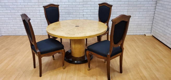 Antique Rococo Italian Ornate Shield Back Dining Chairs and Henredon Game Table - Set of 5: Antique Rare Rococo Italian Ornate Hand Carved Walnut Shield Back Dining Chairs and Round Henredon Burled Wood Game-Table Round Dining Table - Set of 5 Stunning Antique Rococo Ornate Hand Carved Itali