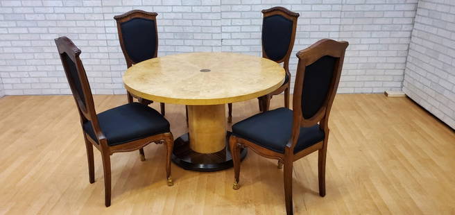 Antique Rococo Italian Ornate Shield Back Dining Chairs and Henredon Game Table - Set of 5: Antique Rare Rococo Italian Ornate Hand Carved Walnut Shield Back Dining Chairs and Round Henredon Burled Wood Game-Table Round Dining Table - Set of 5 Stunning Antique Rococo Ornate Hand Carved