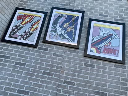 Vintage Framed Roy Lichtenstein Lithograph Triptych "As I Opened Fire" Prints, Stedelijk Museum -: Vintage Framed Roy Lichtenstein Lithograph Triptych "As I Opened Fire" Prints, Stedelijk Museum - Set of 3 The complete set of three offset lithographs in color, on woven paper, with full margins, pub
