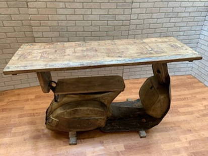 Console Table BAR Vespa Scooter: Console Table BAR Vespa Scooter As a handicraft production, each model may vary in small construction details. A great addition for a man cave or any car enthusiast. Circa 1990 H 36” D 20”