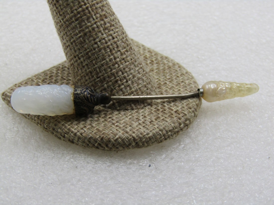 Victorian White Textured Glass Stick Pin, 3", 1880's: Victorian White Textured Glass Stick Pin, 3", 1880's. This has an elongated textured glass topper coming up from a brass scrolled cup that holds the glass. The top of the stick pin is slightly over 1"