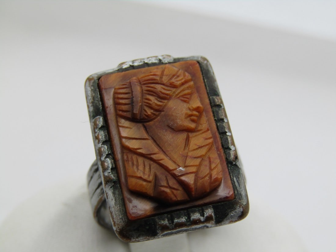 Vintage Carved Tiger's Eye Cameo Ring, Sz. 4.5, 1940's-1950's (1 of 1)