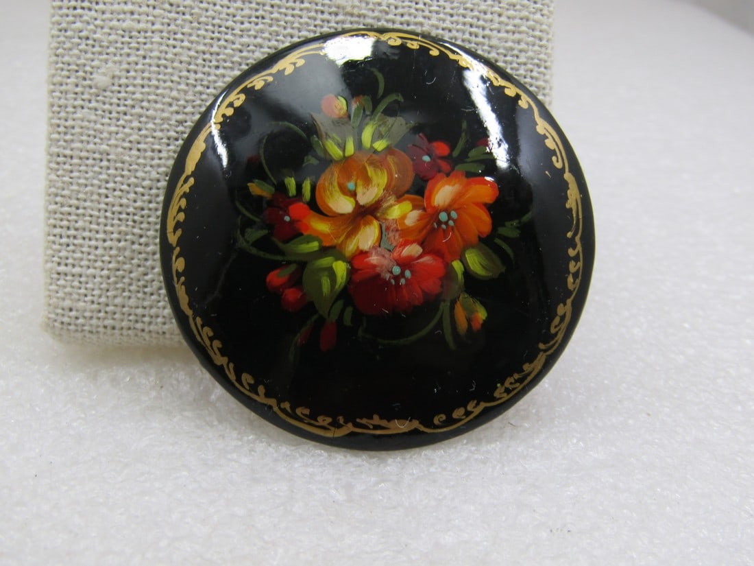 Vintage Black Lacquered Floral Brooch, 2" Round (1 of 1)