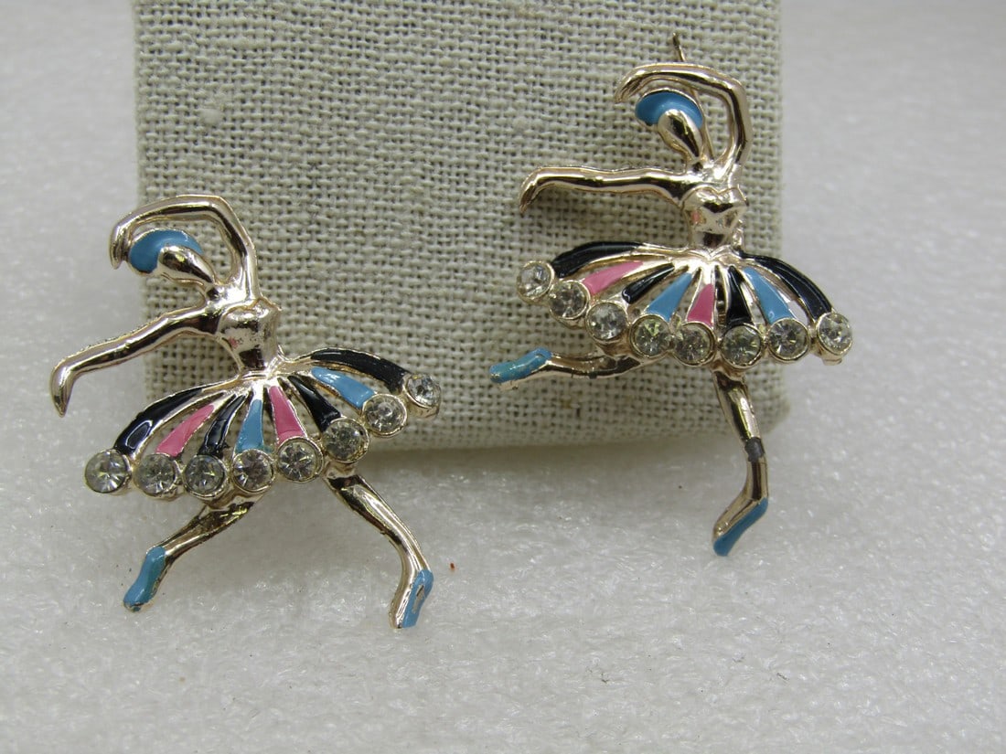 Vintage Pair Enameled Rhinestone Ballerina Scatter Brooches/pins, 1960's: Vintage Pair Enameled Rhinestone Ballerina Scatter Brooches/Pins, 1960's. Two slightly over 1.75" tall silver tone ballerina's with baby blue enameling in the hat and feet and blue, pink, and black en