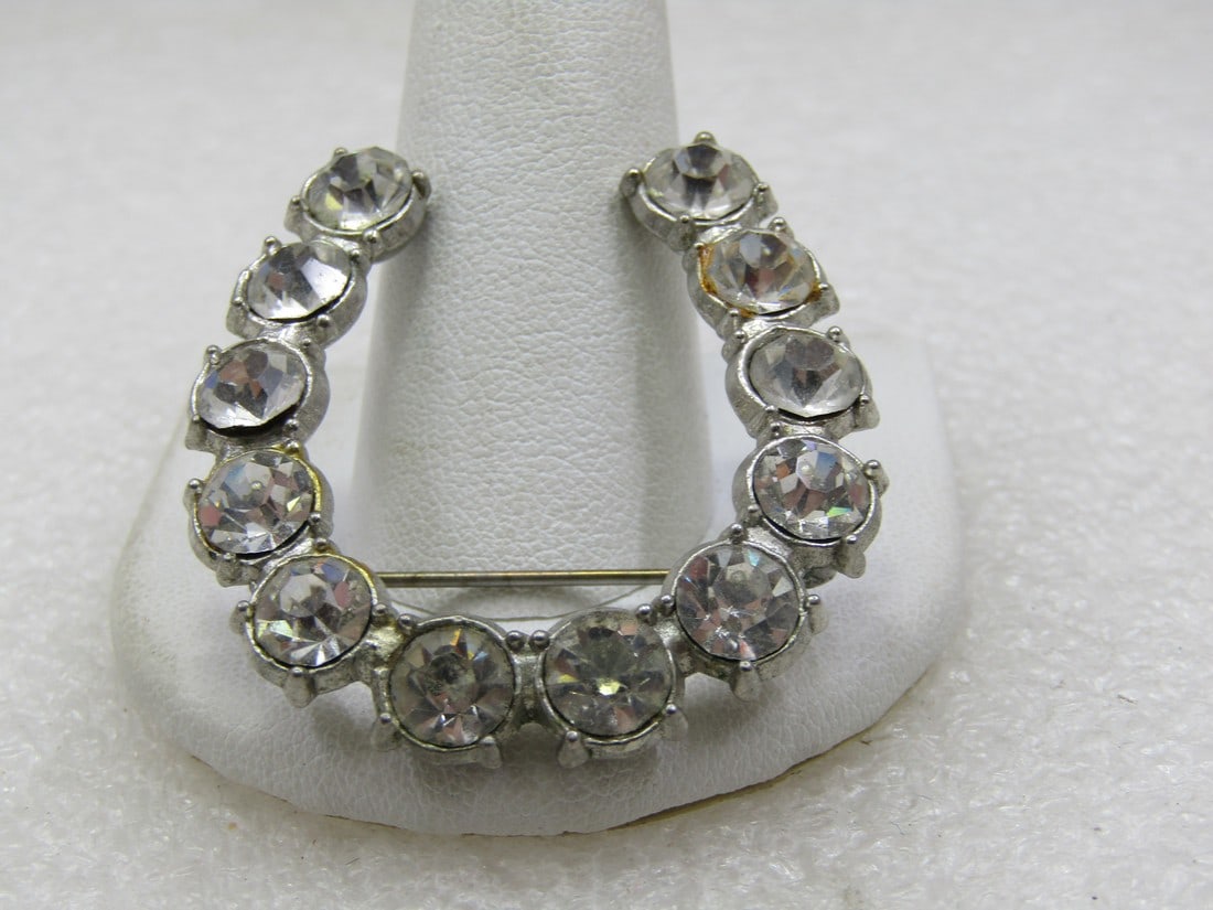 Vintage Clear Rhinestone Horseshoe Brooch, 1.75", 1940's-1950's (1 of 1)