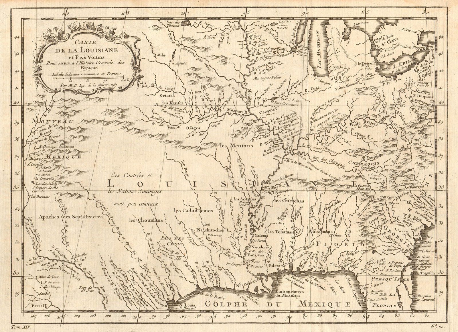 Carte de la Louisiane et pays voisins'. Mississippi basin. BELLIN 1757 map (1 of 1)