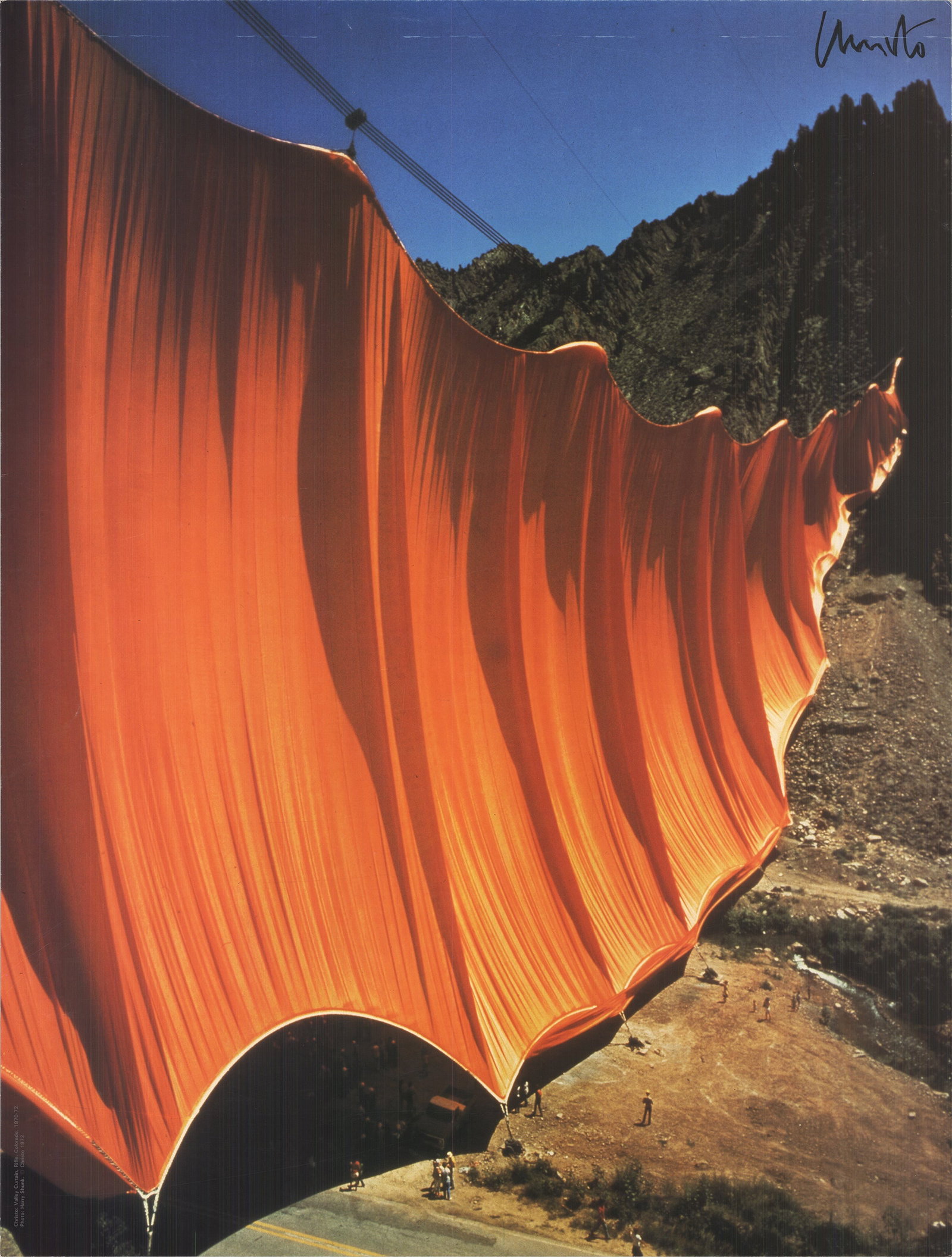 Javacheff Christo - Valley Curtain, Rifle, Colorado - 1972 Offset Lithograph - SIGNED 33" x 25": Artist: Javacheff Christo Title: Valley Curtain, Rifle, Colorado Description: "Valley Curtain, Rifle, Colorado" by Javacheff Christo, 1972 Signed Offset Lithograph. Paper size is 33 x 25 inches, with