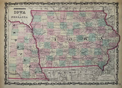 1861 Map of Iowa and Eastern Nebraska. By Johnson and Browning: Title: 1861 Map of Iowa and Eastern Nebraska. By Johnson and Browning Date/Period: 1861 Materials: Steel engravedSize: 18x13” 1861, by Johnson and Browning. From ‘New Illustrated Family At