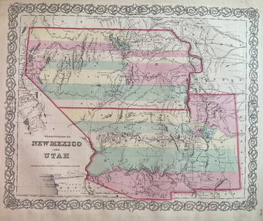 1859 Very important New Mexico & Utah (with AZ & NV) Map by Colton: Title: 1859 Very important New Mexico & Utah (with AZ & NV) Map by ColtonDate/Period: 1859Materials: Hand colored steering engravedSize: 17 1/2 x 14 1/2” This map of the southwestern United