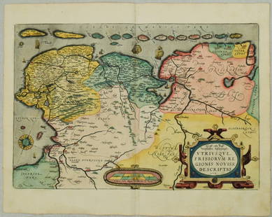 1568 but 1595 Ortelius Map of Northern Netherlands -- Oost ende West Vrieslandts Beschrijvinghe.: Title: 1568 but 1595 Ortelius Map of Northern Netherlands -- Oost ende West Vrieslandts Beschrijvinghe. Utriusque Frisiorum Regionis Noviss: DescriptioCartographer: A OrteliusYear / Place: 1595,