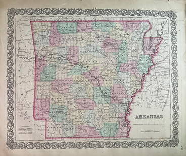 1859 Map of Arkansas by Colton: Title: 1859 Map of Arkansas by Colton Date/Period: 1859 Materials: Steel engravedSize: 17 1/2 x 14 1/2&#8221; Arkansas. From before the civil war. By J. H. Colton & G. W. Colton. From "General Atlas".